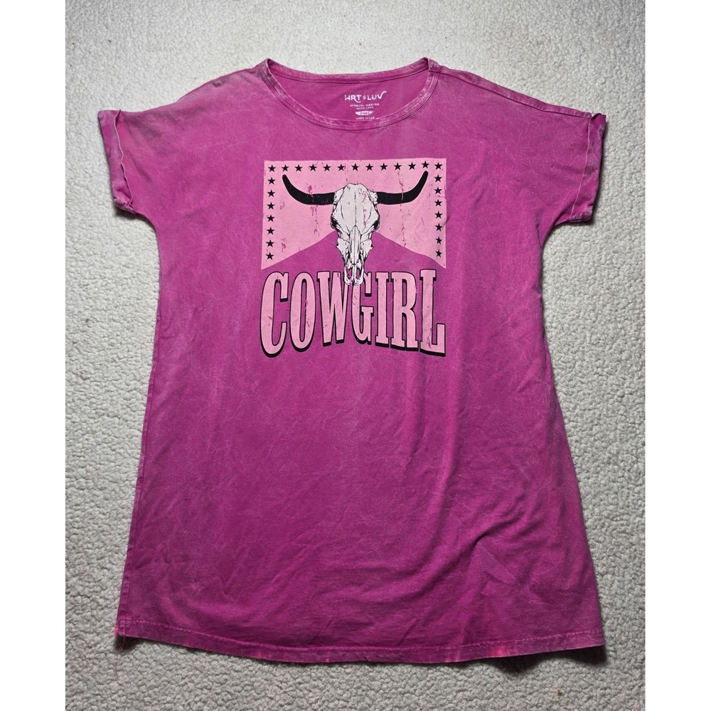 HRT & LUV Womens Cowgirl Graphic T-Shirt Pink Mineral Wash Bull Skull Small